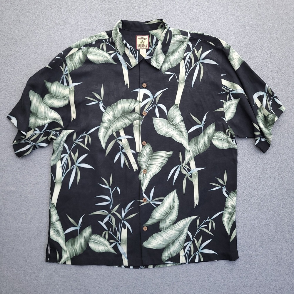Tommy Bahama Silk Hawaiian Shirt Black Floral Jacquard Camp Tropical Mens Large